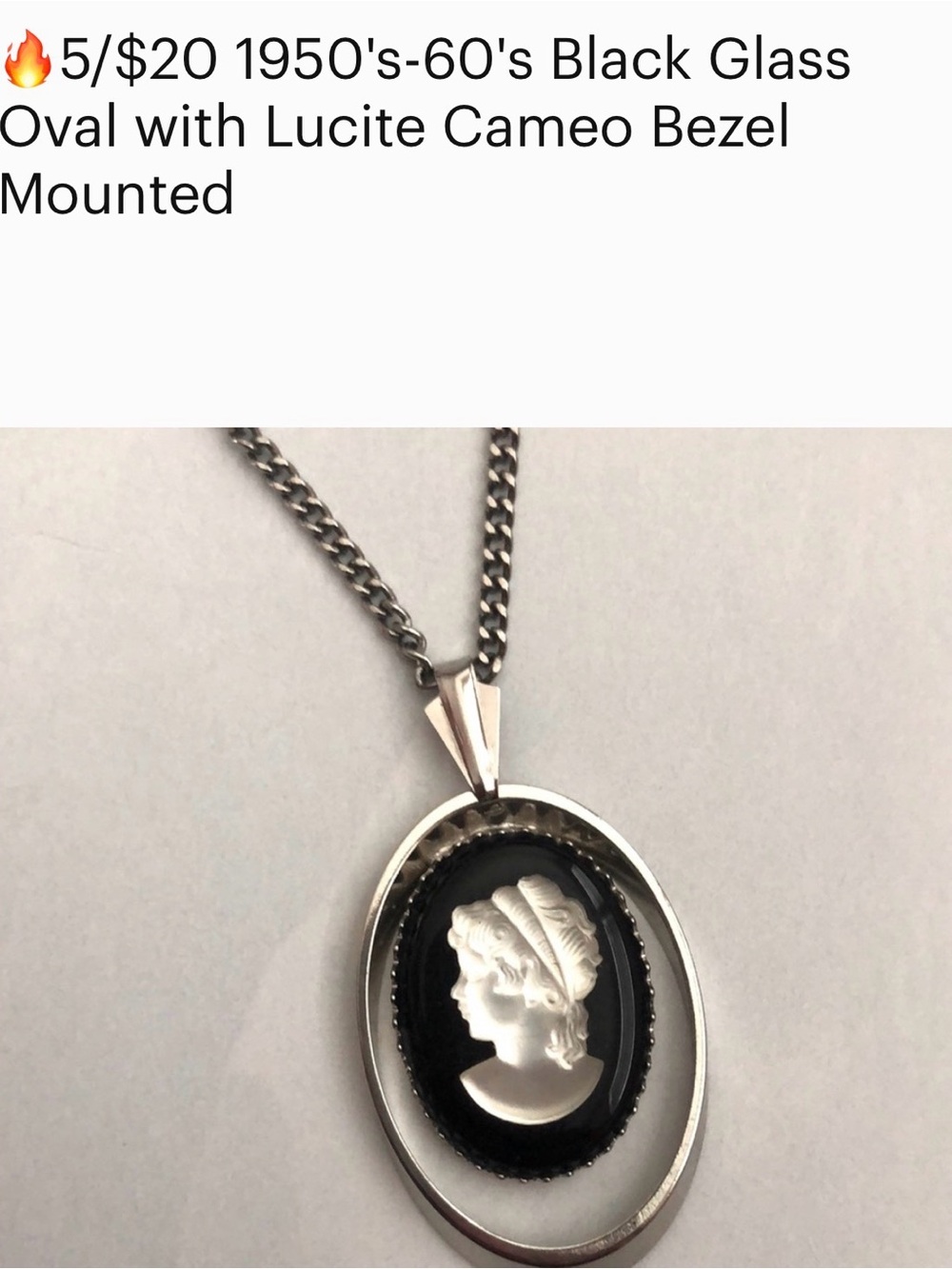 Black Glass Cameo Oval Pendant Necklace